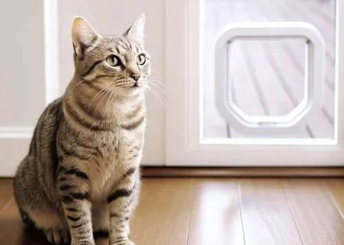 Tabby cat at home sitting beside a glass-panel pet door